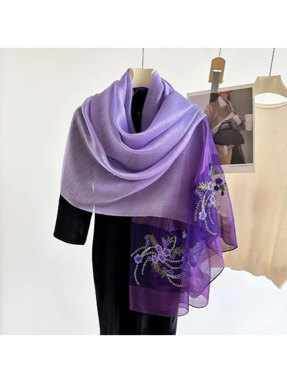 Embroidered Silk Blend Scarf Shawl Wrap for Women - 75x28 Inches, Stylish